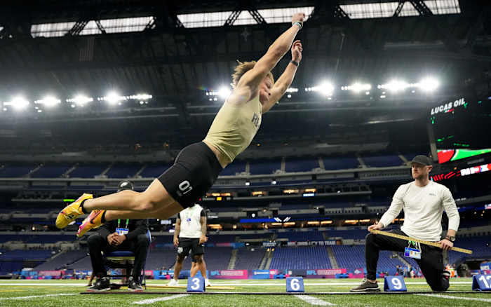 Mar 2, 2024; Indianapolis, IN, USA; South Dakota State running back Isaiah Davis (RB07) during the 2024 NFL Combine at Lucas Oil Stadium.